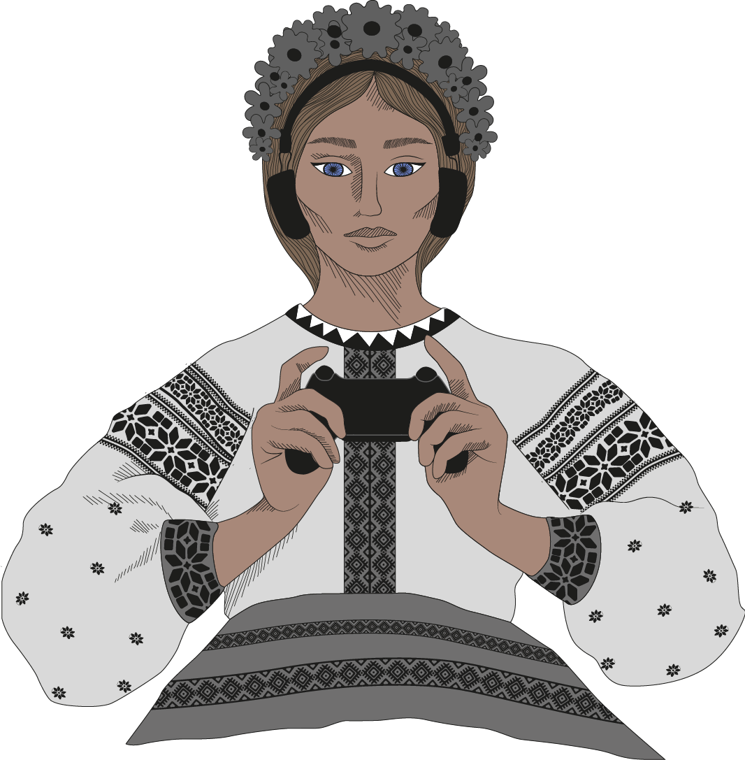 Ілюстрація жінки у вишиванці, яка тримає геймпад у руках